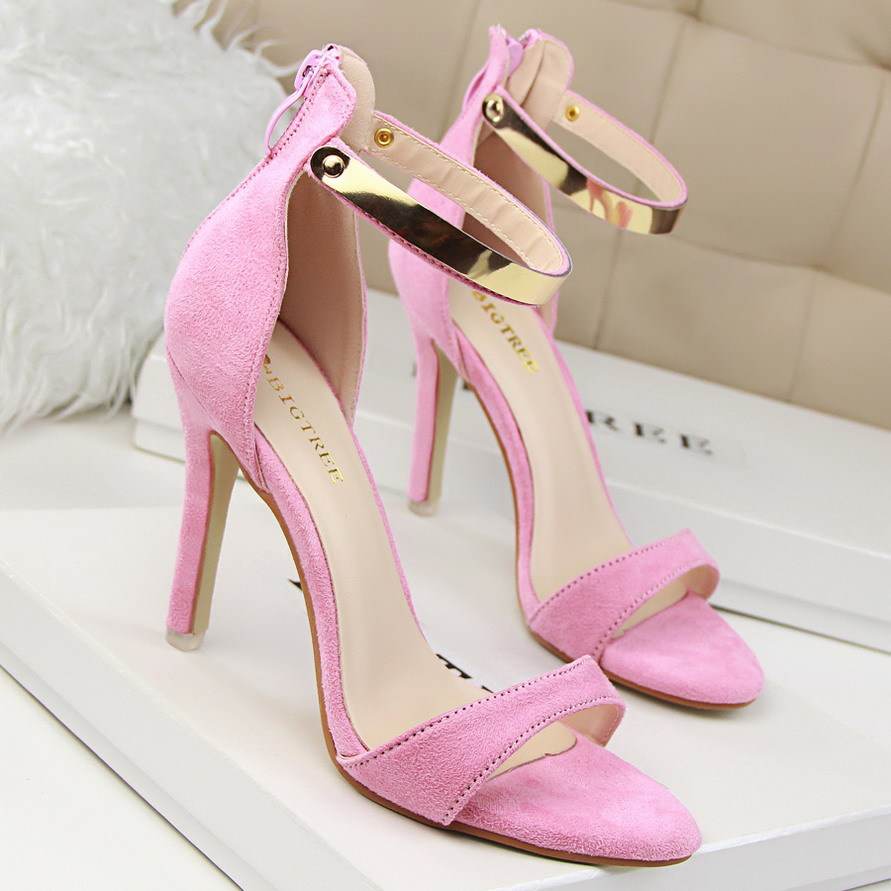 2016 New Summer Shoes Europe Fashion Sexy Stiletto Sandals Thin High heeled Shoes Metal Buckle Suede
