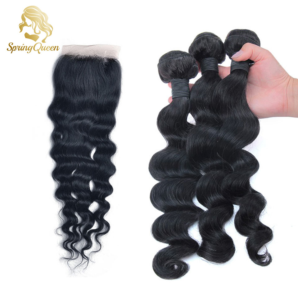 Grade 6A Unprocessed  Loose Wave Brazilian Virgin Human Hair Cheap Hair Weave Lace Closure,Natural Color, 3 bundles with closure