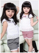 Summer Style Lace T Shirt And Lattice shorts Pants Children Clothing Set Girl Clothes Set