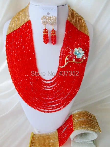 Charming 22'' Long 16 layers Champagne Gold and Red Crystal Nigerian Beads Necklaces African Wedding Beads Jewelry Set NC022