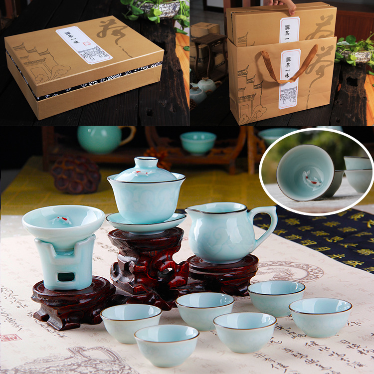 Longquan celadon tea high end business gifts embossed fish kungfu tea set 10 sets with blue