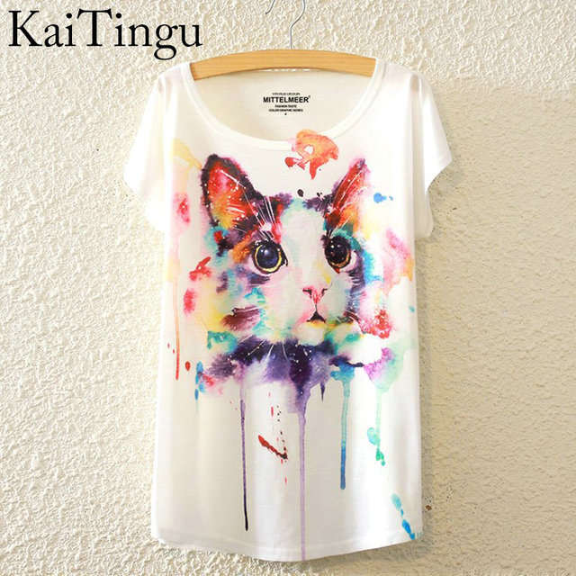 Kaitingu 2016 новое мода лето Harajuku животных кошка печать о-образным шею с коротким рукавом женщины топы белая футболка