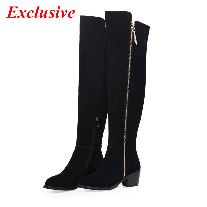 Woman Low-heeled Knee-high boots Winter Short plush Nubuck Leather Long Boots Black Genuine Leather Low-heeled Knee-high boots