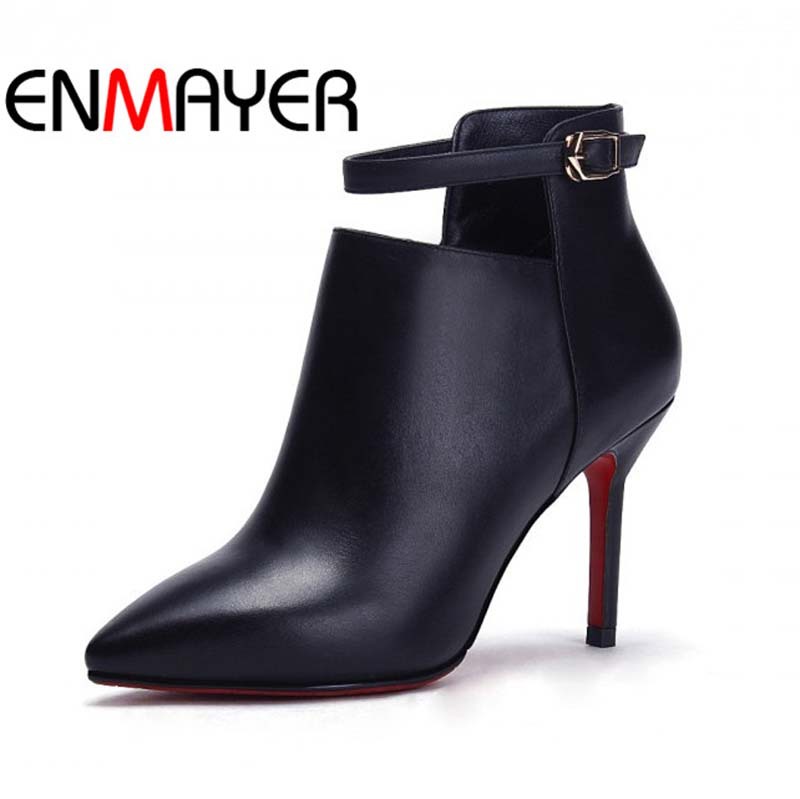 ENMAYER New Fall Design women sexy ankle boots Genuine Leather pointed toe thin high heels lady pumps women Martin boots shoes