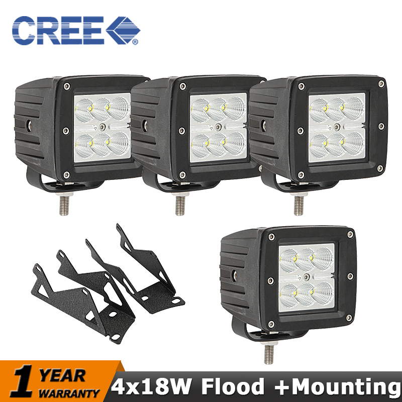 CREE 4x18W LED Work Light Bar Flood 4x4 Offroad Led Driving Light Fog Lamp+A-pillar Mount Brackets For Jeep Wrangler JK 07-15