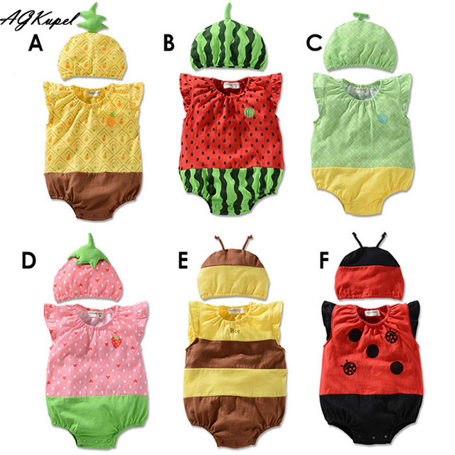 Горячая 2016 Baby Rompers Девушки Одежда Набор Фрукты Ползунки + Шляпу Младенческой Ребенка Мальчиков Одежда Детей Комбинезон Roupas Комбинезон Для новорожденный Q17