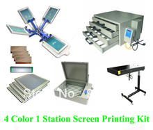 Free shipping discount full 4 color 1 station t-shirt screen printing kit press printer machine flash dryer expsoure stretcher