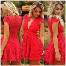 2015 European and American nightclub sexy red lace deep V halter transparent tulle dress full lace stitching party dresses