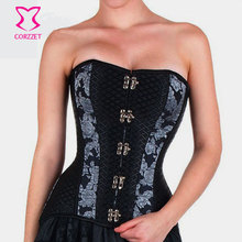Silver Floral & Netted Steel Boned Corset Overbust Black Steampunk Clothing Women Plus Size 6XLCorsagen Korsett Waist Trainer