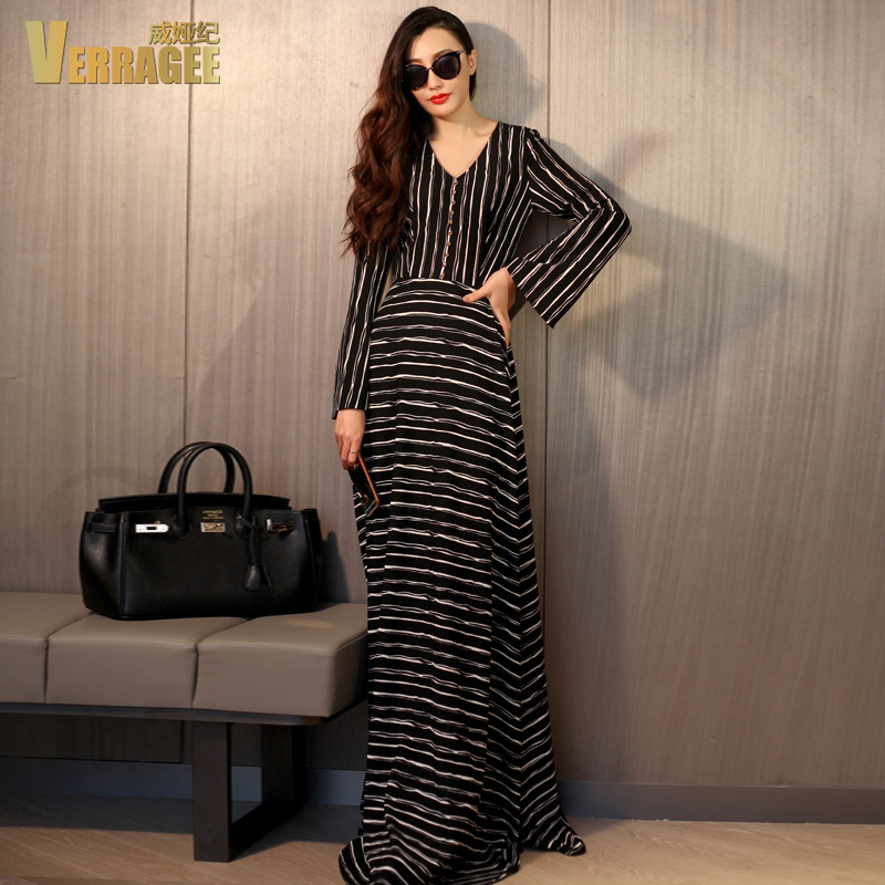 Women Winter Spring Long Dress Fashion Black Stripe Slim Long Dress Party Dresses Long Maxi Plus Size Dress 2015
