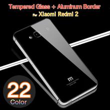 22 Color,Aluminum Frame and Tempered Glass Back Battery Cover Case For Xiaomi Hongmi 2 / Redmi 2 / Redmi2 Luxury Mobile Phone