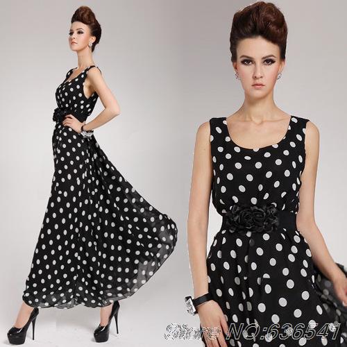 2014 Spring And Summer Long Vest Dress With Delicate White Dots Double Flower Belt Chiffon Dress Polka Dot Free Shipping