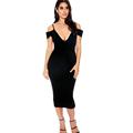 Adogirl New Cold Shoulder Backless Mid Calf Dress Women Summer V Neck Spaghetti Strap Bodycon Bandage