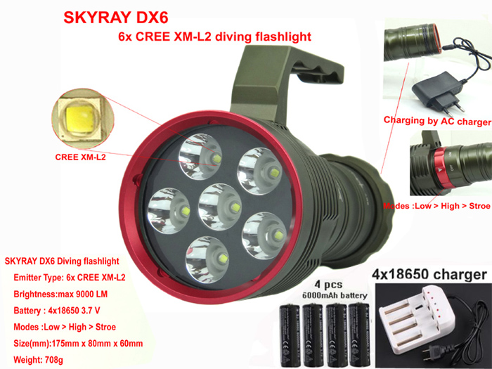 Diving Flashlight DX6 9000 Lumens 6x CREE XM-L2 LED Light Lamp Waterproof Torch+4x 18650 6000mah battery + wall charger