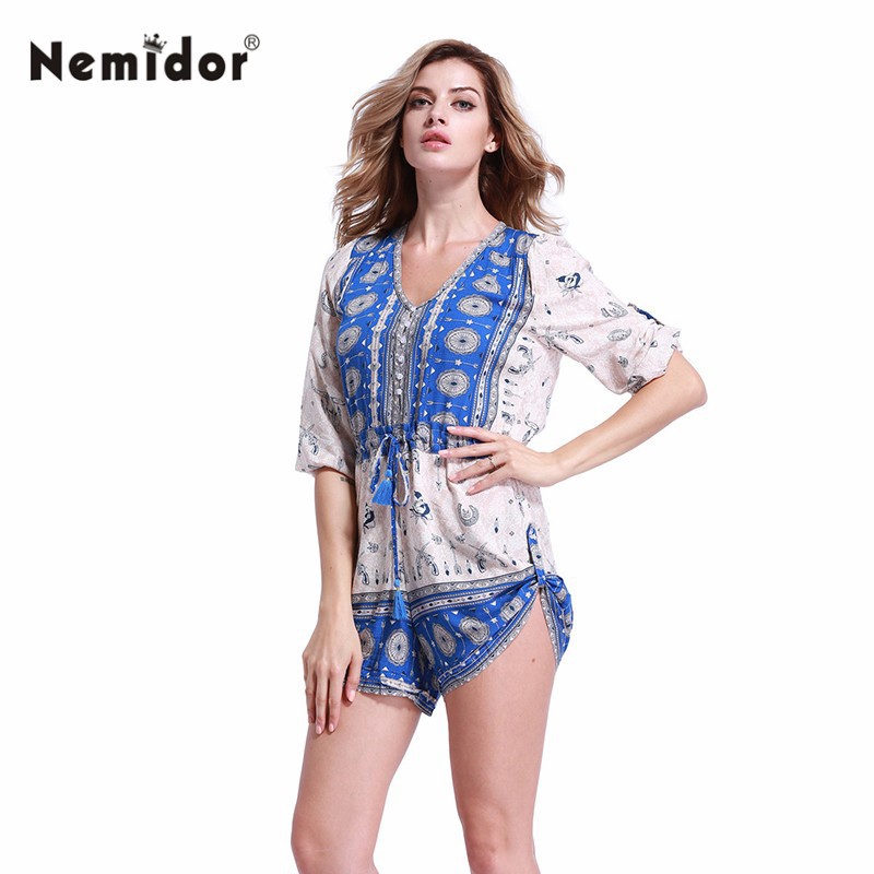 European Style Women Sexy V-neck 34 Sleeve Jumpsuit Print Casual Jumpsuit (7)