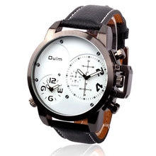 2015 Oulm  Genuine Leather New Fashion Men Sport Watch Two Time Zone Watch Men’s Quartz Watch Men’s Luxury Brand Watches W0601