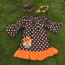girls thanksgiving dress  turkey dress brown with white polka dot dress ruffle dress  with necklace and bow