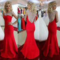 Red Mermaid Long Evening Dresses China Robe sirene 2016 Sexy Sheer Back Beading Cap Sleeve Prom