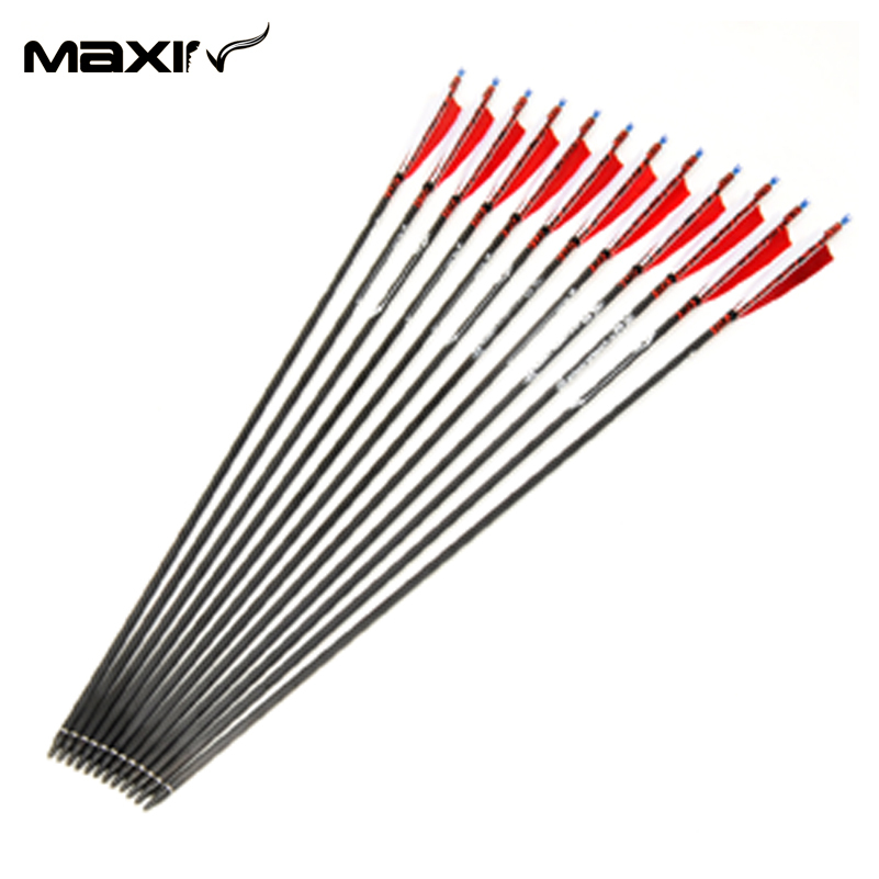 12x White and Red Feathers Archery Carbon Arrows Spine 500 and 7 5mm 80cm Bows and