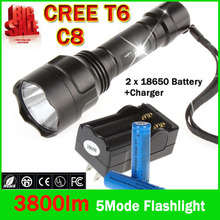 C8 LED Flashlight CREE T6 3800LM LED Torch Waterproof 5 Mode Flash Light + 2 x 18650 Battery + Smart Charger
