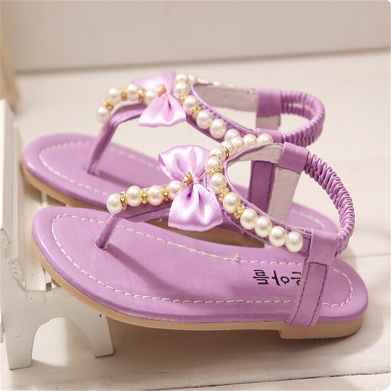  Summer High Quality Children Shoes 4 Colors Sweet Pearl Crystal Shoes Girl Princess Style Soft Leather Beading Girls Sandals
