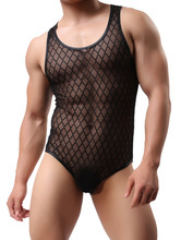 Mens Sexy Lingerie Bodysuit Men’s Singlet Body Building Mesh Plaid See Through Exotic Teddies Shapewear Sex Costume Set Leotard