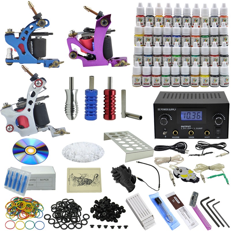 OPHIR Professional Complete Tattoo Kit 3 Machine Gun 54 Color Ink Needle Power Supply#TA006