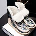 New Winter Sheepskin Snow Boots Print Genuine Leather Inside Natural Wool Women s Boots Flat Rhinestone