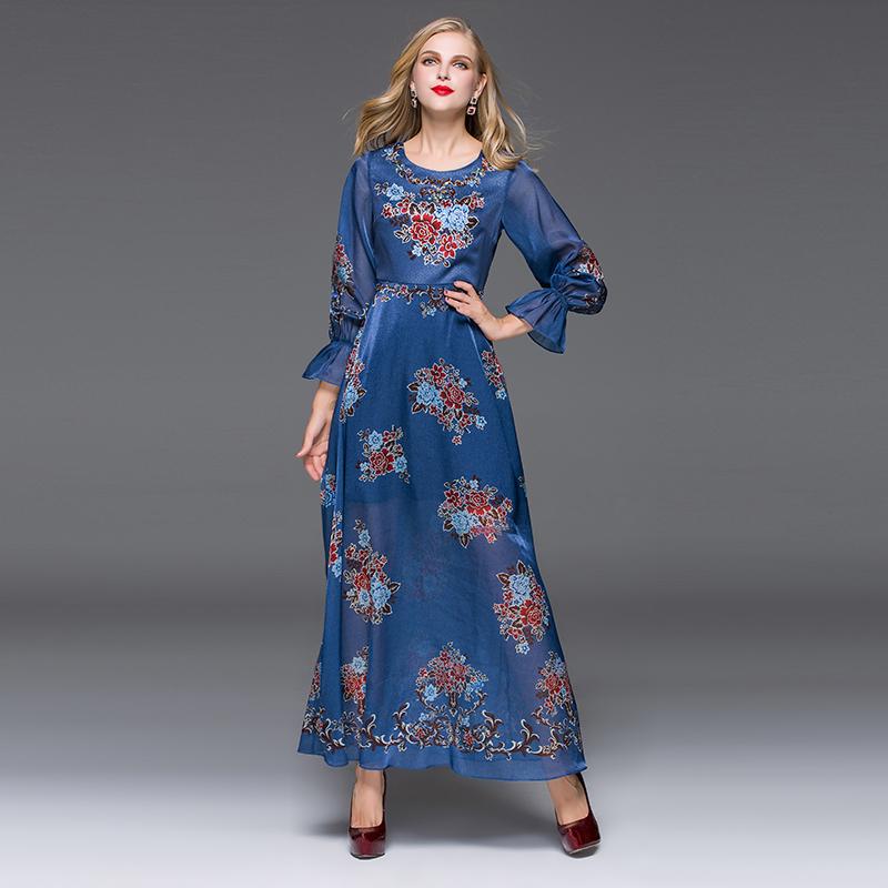Vintage Dress 2016 New Spring - Autumn Fashion Runway Brand Full Petal Sleeve Beading Silm Print Blue Flowing Maxi Dress
