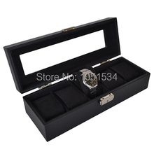 2015 nuevo estilo Popular HQ ~ tragaluces cuero 5 patrón reloj de exhibición caja de la caja del organizador del almacenaje negro y PU184