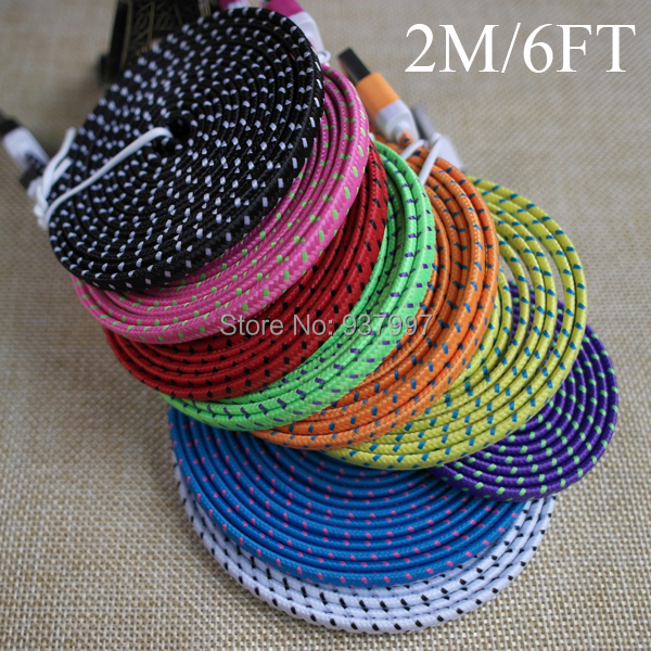 2M/6FT High Quality Flat Braided Fabic Woven Wire for iPhone 4 4s 3GS Data Sync USB Charging Charger 10 Colors Cable Cords
