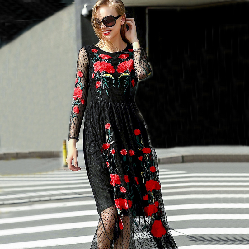 Free Shipping ! 2015 Spring Summer New Fashion Runway Elegant Brand Women's Long Sleeve Embroidery Carnation Mesh Long Dress