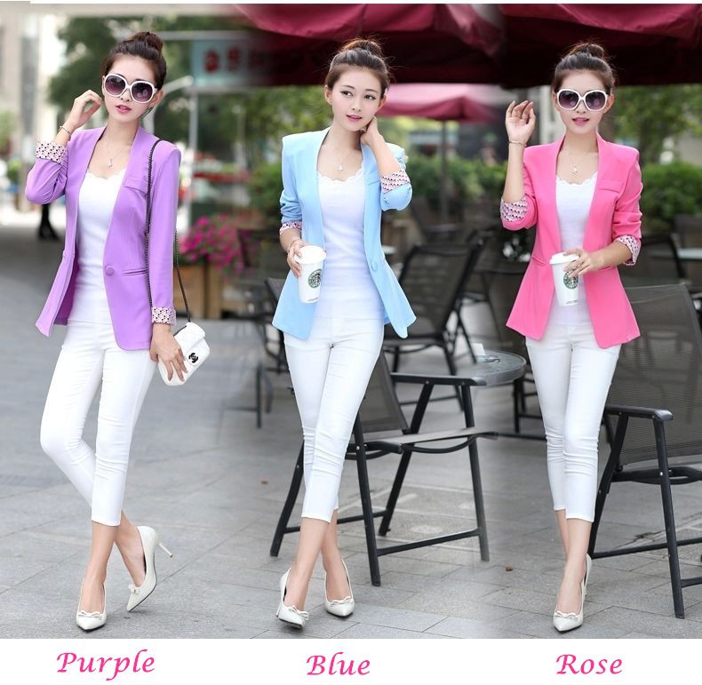 2015 New Women\'s Blue Blazer Summer Office Wear Purple Suit Sexy V-neck Color Patterns Stitching Sleeve Casual Blazer 6 Color 7