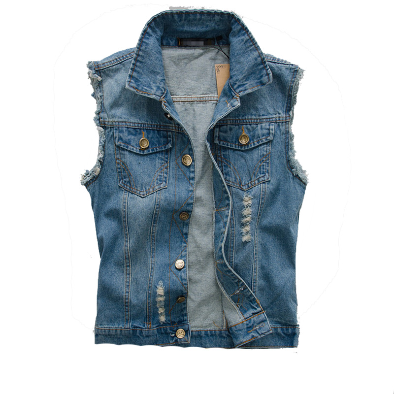 2016 New Fashion Mens Denim Vest Vintage Sleeveless Washed Jeans Waistcoat Man Cowboy Ripped 1484