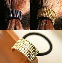 Punk Rivet Black Ponytail Alloy Head Accessory Elastic Rope In Gold Silver Plated Hairband Accessories Jewelry For Women H0033