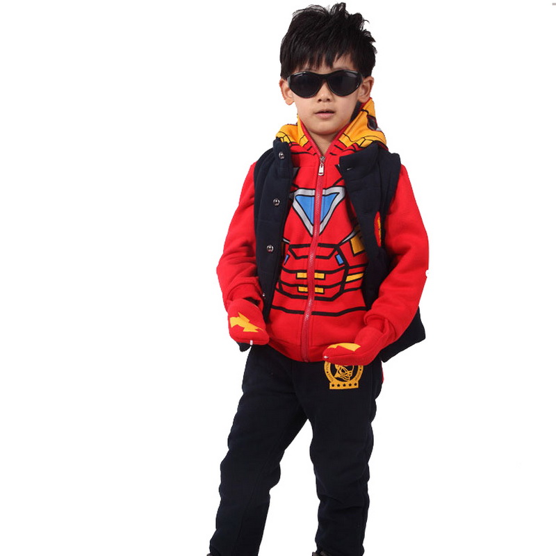 Winter 2015 New Arrival Boys Cartoon Fleece Clothing Sets Kids Warm Hoodies+Pants with Vest Thick Sport Suits For Boys , LC608