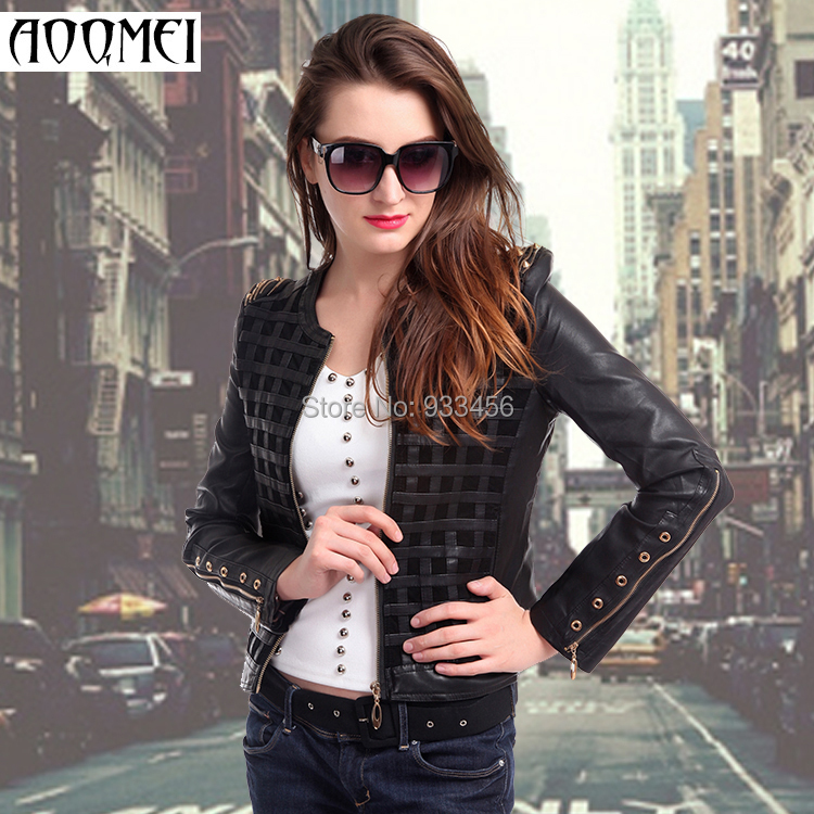 2015 spring new women's leather stripe stitching leather jacket Slim Korean short paragraph small coat collar