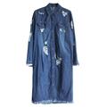 New Fall Women X Long Denim Trench Coat Ripped Hole Design Fashion Straight Loose Denim Long