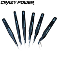 CRAZY POWER 6Pcs Anti static Repair Tweezers Set Straight Curved Electronic Nail Art DIY Tools Professional