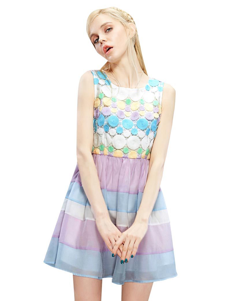 ELF SACK fashion brand new 2015 summer female sleeveless o-neck patchwork sweet lace one-piece dress zipper free shipping