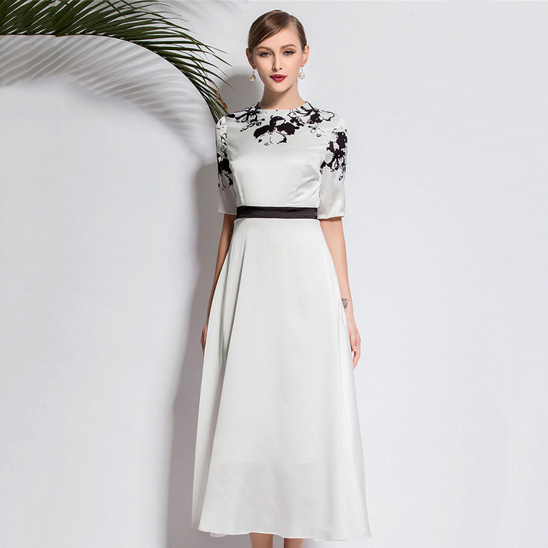 High Quality Brand Design Elegant Short Sleeve Long Dresses Women Spring Summer Floral Print O-Neck Dress Maxi 2015 New LS311