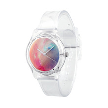 Vendimia de moda caliente mujeres del análogo de cuarzo estrellada reloj de pulsera con de plástico transparente de la correa de banda de regalos