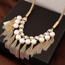 Simulated Pearl Link Chain Tassel Statement Necklace Women Rhinestone Necklaces Pendants Jewelry Collar For Gift Party