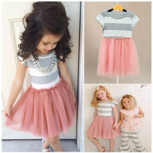 2016 Fashion Girls Casual Dress Kids Baby Striped Princess Tulle Tutu Party Dress