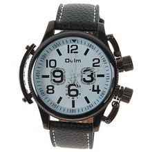 Oulm 1357 Male Quartz WristWatch Clock with Two Numbers Hours Marks Round Dial Leather Band Wristwatches