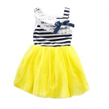 Hot Selling New Baby Girls Lace Round Collar Bowknot Striped Dress Kids Clothes Tutu Tulle