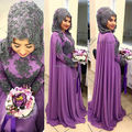 Oumeiya OWD806 Heavy Beaded Black Purple Two Color High Neck Long Sleeve Hijab Bridal Muslim Dress