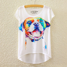 2016 Brand New Polyester T-Shirt Women Short Sleeve t-shirts o-neck Causal loose Watercolor dog T Shirt Summer tops for women