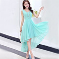 Chiffon Beach Dress Front Short Back Long Women Summer O neck Sleeveless Slim Ruffles Dresses Female