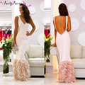 Simple Pink Feather Mermaid Evening Dresses Sexy Backless White Satin Prom Dresses Long Formal Gowns Evening